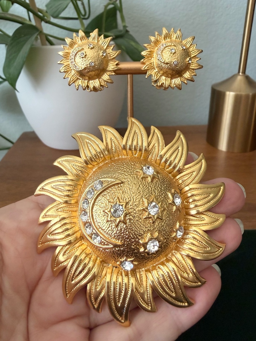 Vintage Huge Celestial Brooch / Pendant & Earrings Set Sun Moon Stars Gold Tone
